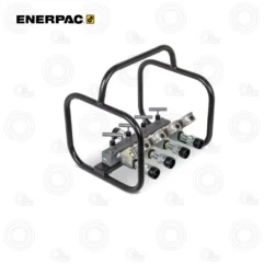 Enerpac hydraulic manifold with four valve levers and four quick-connect outlets mounted on a metal base inside a black square frame