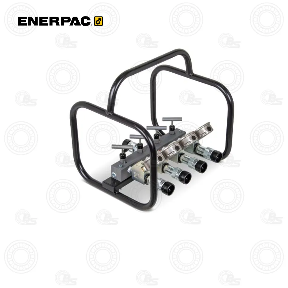 Enerpac AMGC41 Manifold Valve 4-Way Single Acting | E-Shop Bearings Specialist Enerpac hydraulic manifold with four valve levers and four quick-connect outlets mounted on a metal base inside a black square frame