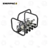Enerpac AMGC42 Manifold Valve 4-Way Double Acting | E-Shop Bearings Specialist Enerpac hydraulic multi-outlet manifold with six quick-connect fittings mounted inside a black metal frame.