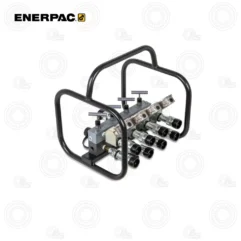 Enerpac hydraulic multi-outlet manifold with six quick-connect fittings mounted inside a black metal frame.