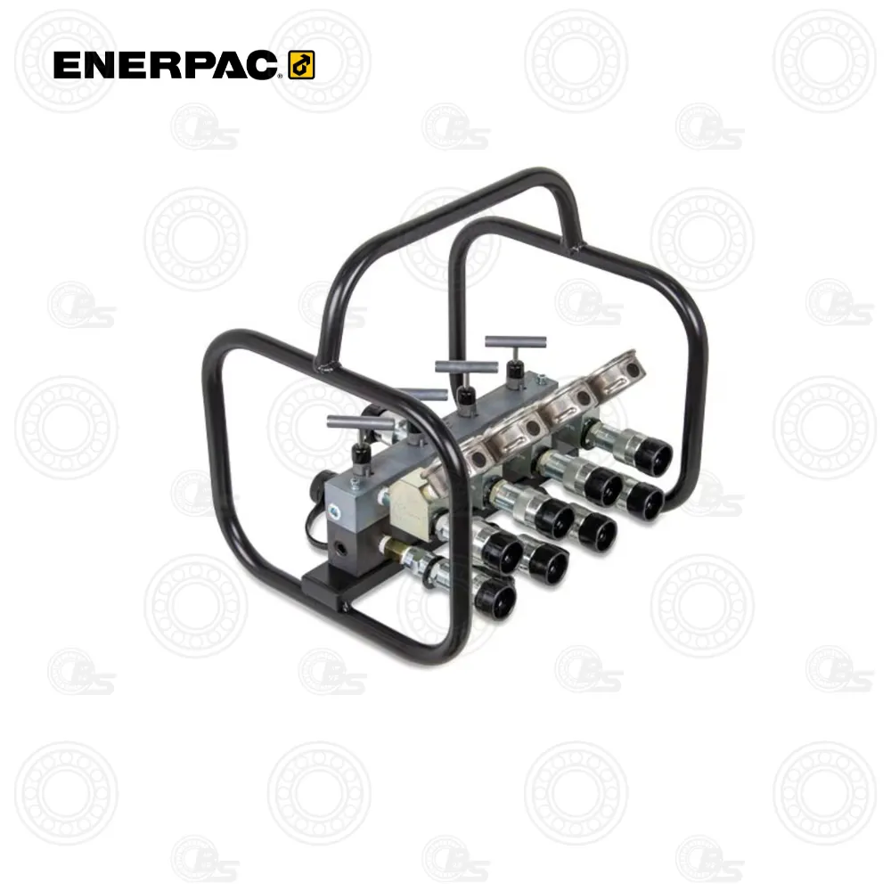 Enerpac AMGC42 Manifold Valve 4-Way Double Acting | E-Shop Bearings Specialist Enerpac hydraulic multi-outlet manifold with six quick-connect fittings mounted inside a black metal frame.