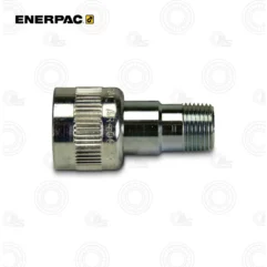 Enerpac metal hydraulic adapter with knurled grip and male threaded end on the right.