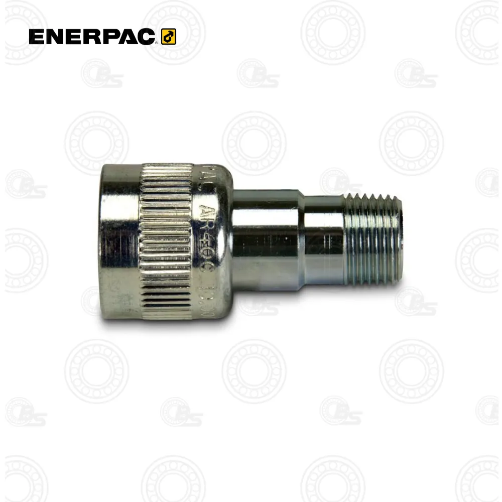 Enerpac AR400 Cylinder Half female of A-604 | E-Shop Bearings Specialist Enerpac metal hydraulic adapter with knurled grip and male threaded end on the right.
