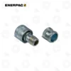 Enerpac AR630 Cylinder Half female of A-630 | E-Shop Bearings Specialist Two metal hydraulic fittings: a knurled larger coupling with male threads on the left and a matching capped piece on the right.