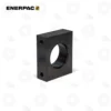Enerpac AW102 Mounting Bracket | E-Shop Bearings Specialist Black square mounting block featuring a large central threaded bore and two smaller threaded holes on the front face (Enerpac branding)