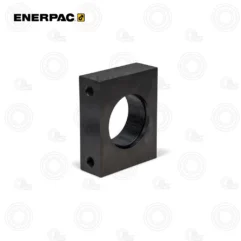 Black square mounting block featuring a large central threaded bore and two smaller threaded holes on the front face (Enerpac branding)