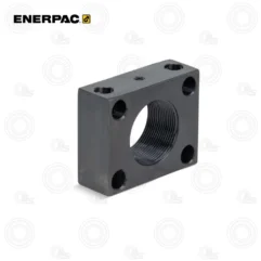 Square black mounting adaptor with a large central threaded bore and four corner bolt holes for mounting