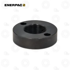 Round black Enerpac flange with internal threading and two small through-holes for mounting
