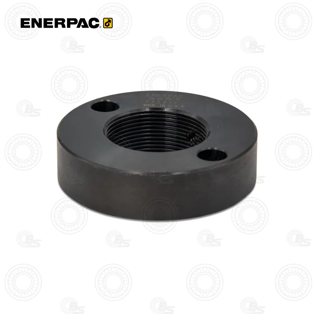 Enerpac AW53 Mounting Bracket | E-Shop Bearings Specialist Round black Enerpac flange with internal threading and two small through-holes for mounting