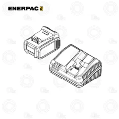 Line drawing of a two-piece battery charger set, with one module open to reveal contacts, Enerpac logo visible in corner.