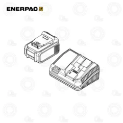 Isometric line drawing of an Enerpac battery charger and a detachable battery pack placed nearby.