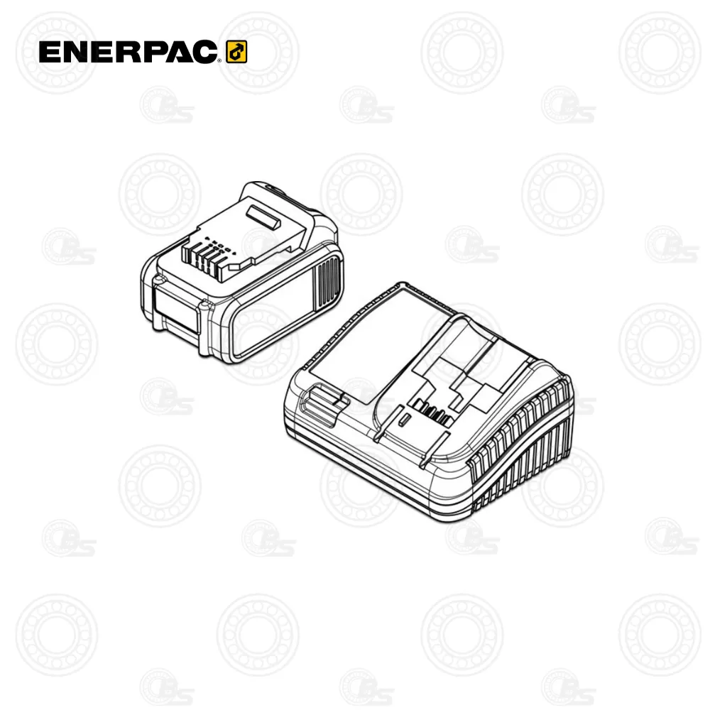 Enerpac B205 Cordless Bar Cutters 18V | E-Shop Bearings Specialist Isometric line drawing of an Enerpac battery charger and a detachable battery pack placed nearby.
