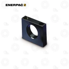Blue square metal block with a circular through-hole for a shaft or bearing, plus two top holes for mounting (Enerpac component).