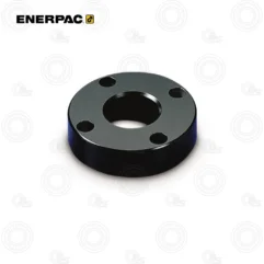 Black circular flange/spacer with a central bore and four small mounting holes around the edge (Enerpac).