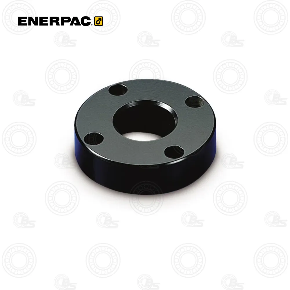 Enerpac BAD142 4-Ton Flange Adaptor | E-Shop Bearings Specialist Black circular flange/spacer with a central bore and four small mounting holes around the edge (Enerpac).