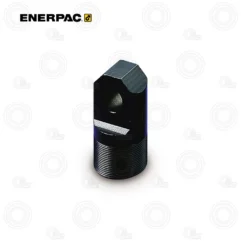 Enerpac black cylindrical hydraulic tool part with a threaded bottom and angled top.