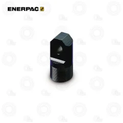 Black metal cylindrical hydraulic tool accessory with a threaded base and a hollow top, an Enerpac component.