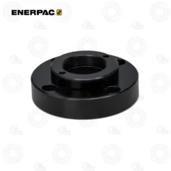 Black flanged hub/adapter with a central threaded bore and four surrounding bolt holes (Enerpac component).