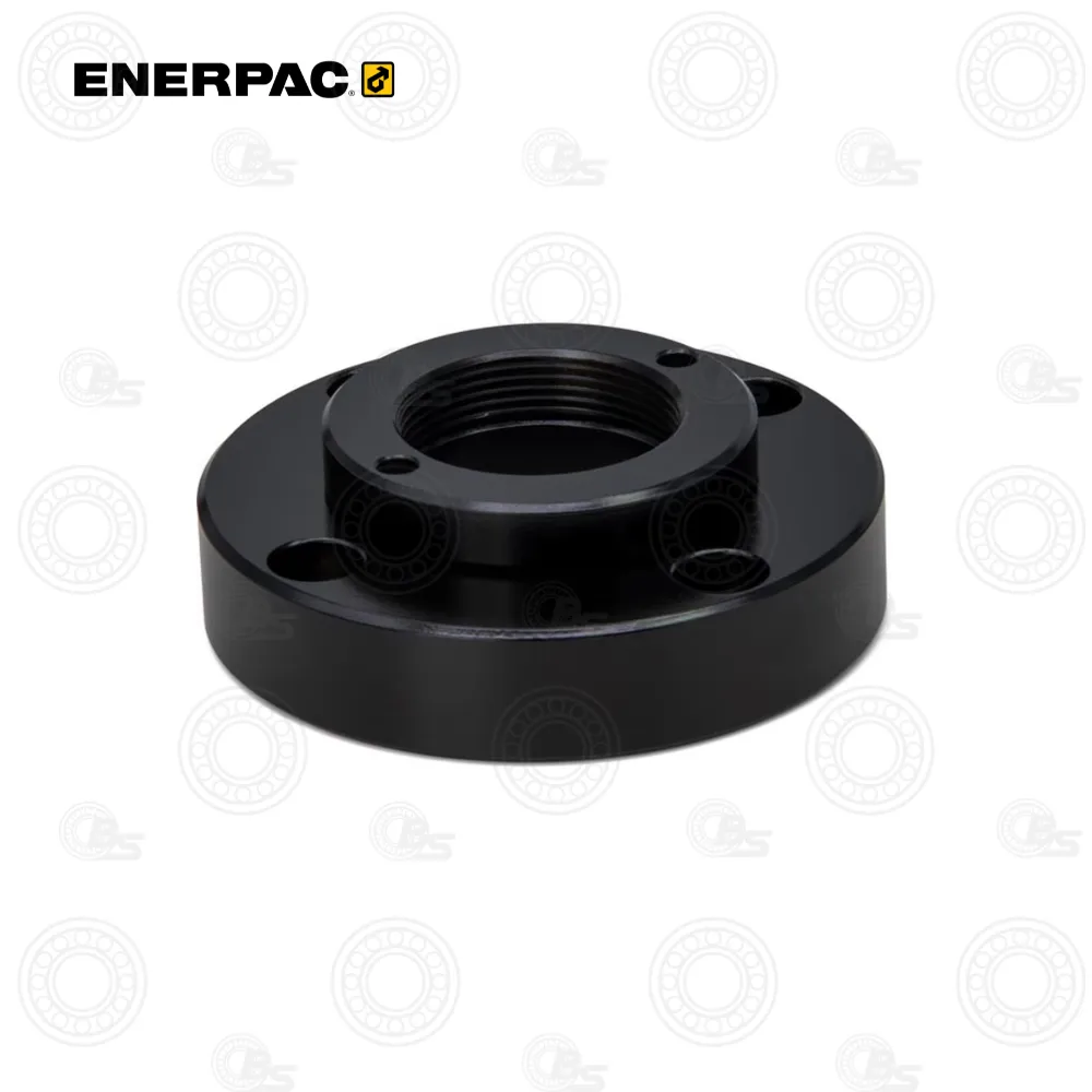 Enerpac BAD172 9-Ton Flange Adaptor | E-Shop Bearings Specialist Black flanged hub/adapter with a central threaded bore and four surrounding bolt holes (Enerpac component).