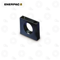 Blue square metal mounting block with a central through-hole and two top mounting holes.