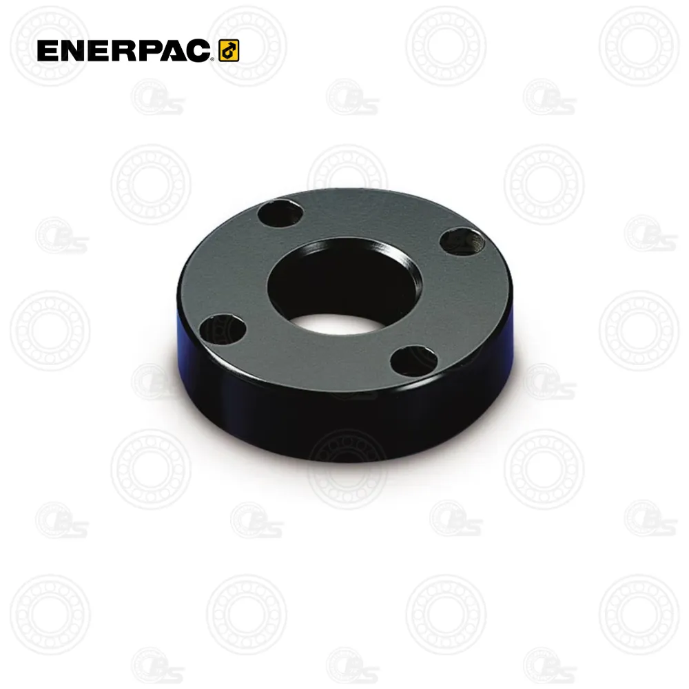 Enerpac BAD182 16-Ton Flange Adaptor | E-Shop Bearings Specialist Black anodized circular adapter with central bore and four mounting holes, Enerpac product image