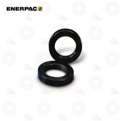 Two black circular ring spacers with threaded inner bore on a white background (Enerpac branding).