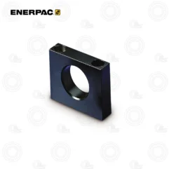 Dark blue rectangular metal block with a central circular bore and two threaded holes on the top face.