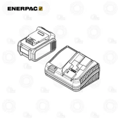 Isometric line drawing of a rechargeable battery pack and its charging base (Enerpac battery and charger).