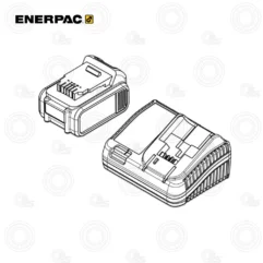 Isometric line drawing of an Enerpac cordless battery and matching charger.