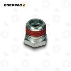 Metal hexagonal hydraulic fitting with red thread sealant on external threads, Enerpac brand visible in background