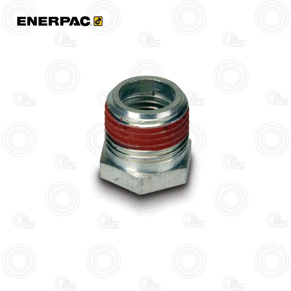 Enerpac BFZ16301 Reducer Bushing 3 8 to G1 4 | E-Shop Bearings Specialist Metal hexagonal hydraulic fitting with red thread sealant on external threads, Enerpac brand visible in background