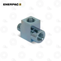Chrome-plated, right-angle hydraulic adapter block with three threaded ports (Enerpac).