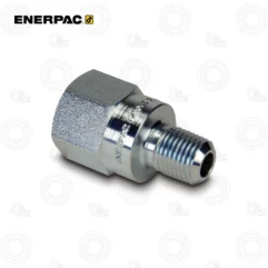 Enerpac metal hydraulic adapter with hex body and male external threads.