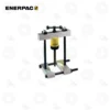 Enerpac BHP112 Cross Bearing Puller | E-Shop Bearings Specialist Manual shop press with a yellow hydraulic cylinder between two black vertical posts and a horizontal steel crossbar used for bearing installation.