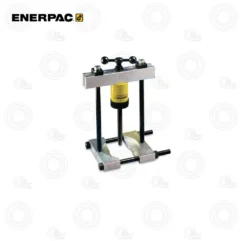 Manual shop press with a yellow hydraulic cylinder between two black vertical posts and a horizontal steel crossbar used for bearing installation.