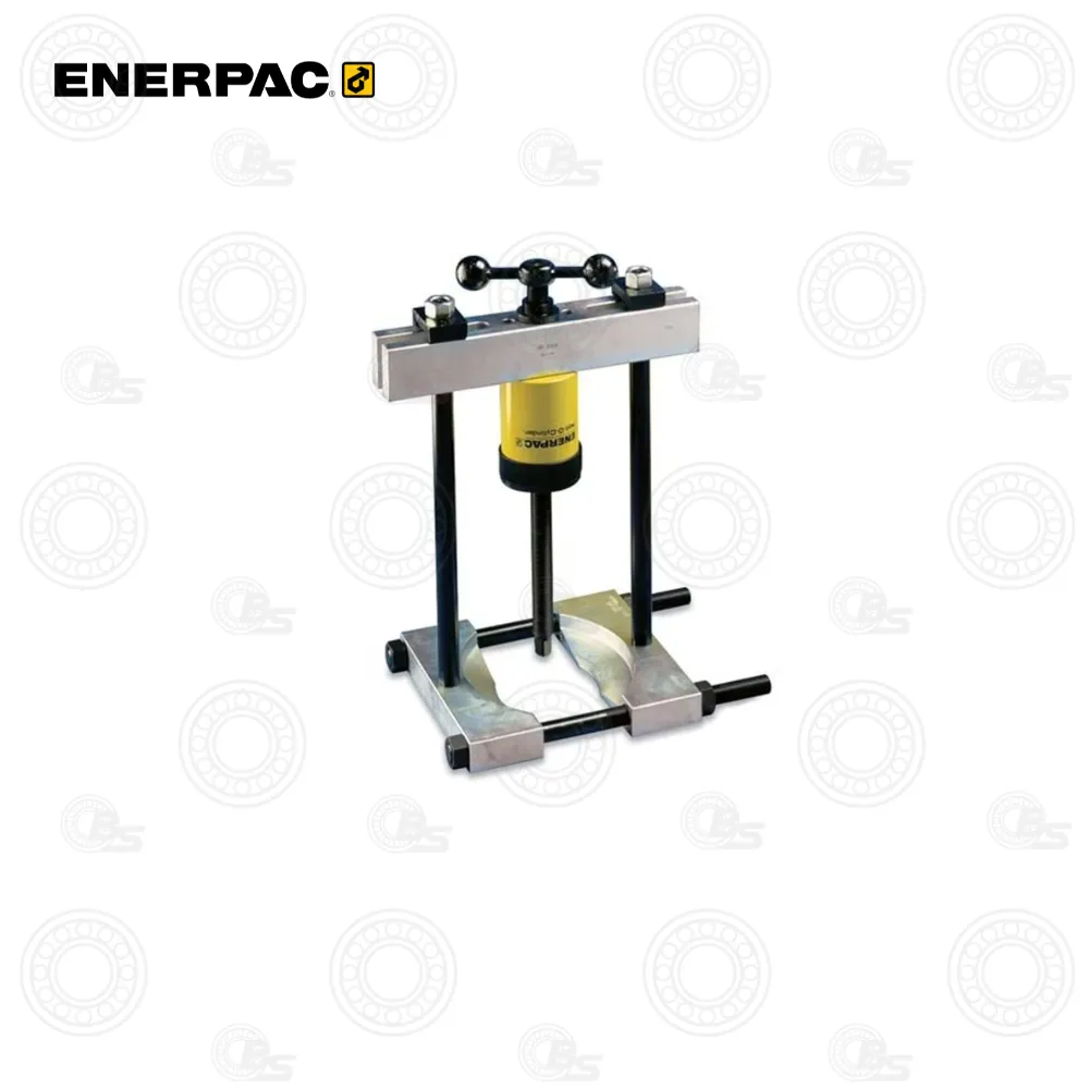 Enerpac BHP112 Cross Bearing Puller | E-Shop Bearings Specialist Manual shop press with a yellow hydraulic cylinder between two black vertical posts and a horizontal steel crossbar used for bearing installation.