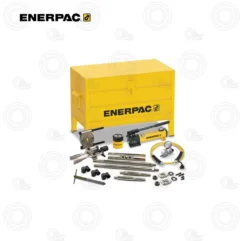 Enerpac yellow tool chest with hydraulic pump and assorted hydraulic hand tools laid out in front