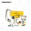Enerpac BHP1752 14-Ton Master Puller Set | E-Shop Bearings Specialist Enerpac hydraulic repair kit with a yellow case, pump, gauge, hose, and assorted adapters and clamps