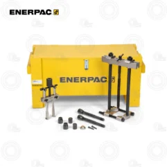Enerpac yellow tool case with lifting and alignment accessories arranged in front.