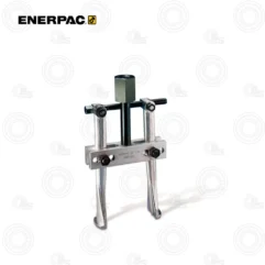 Enerpac two-legged bearing puller with crossbar and central hydraulic jack, used to remove bearings from shafts.