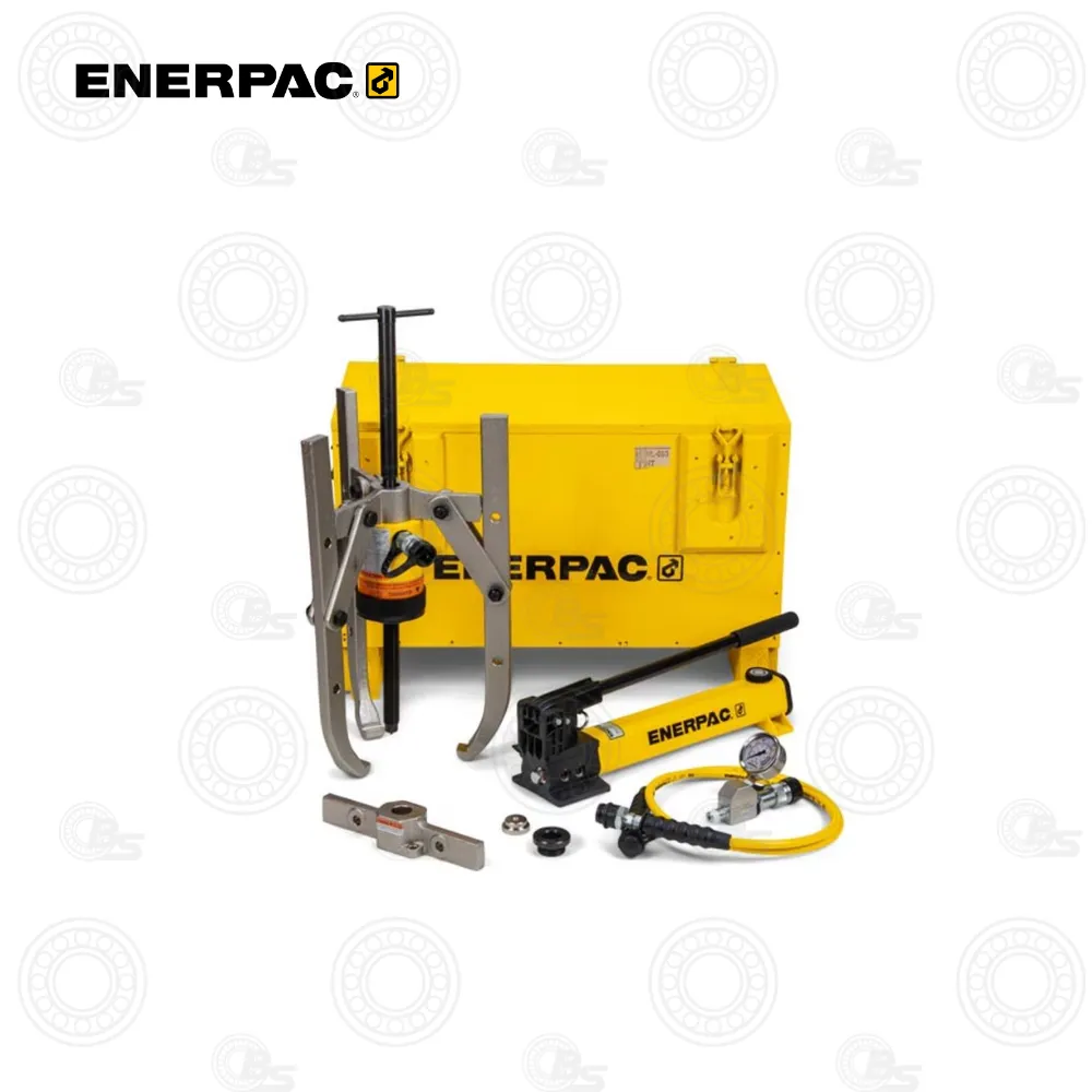 Enerpac BHP251G 24-Ton Grip Puller Set | E-Shop Bearings Specialist Enerpac hydraulic torque tool set with yellow case and assortment of tools laid out in front