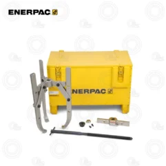 Enerpac yellow toolbox with industrial lifting attachments (arms, rods, and fasteners) laid out in front for machinery lifting and positioning kit