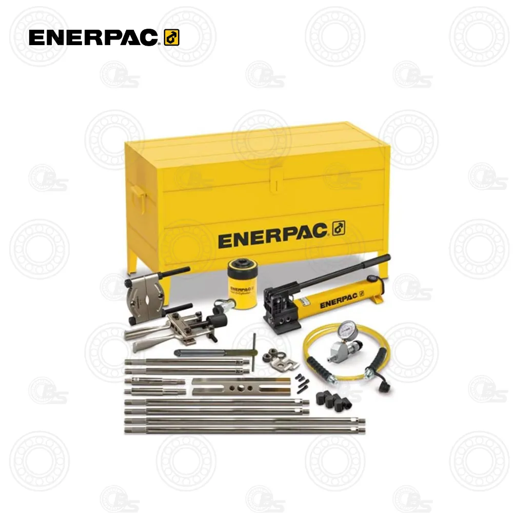 Enerpac BHP261G 12-Ton Cross Bearing Puller / Set | E-Shop Bearings Specialist Enerpac hydraulic tool kit with a yellow storage box and assorted rams, cylinders, hoses, and adapters laid out in front.