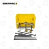 Enerpac BHP262 Cross Bearing Puller Set | E-Shop Bearings Specialist Enerpac bolting toolkit with a yellow case and assorted clamps, uprights, and long rods laid out in front.