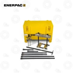 Enerpac bolting toolkit with a yellow case and assorted clamps, uprights, and long rods laid out in front.