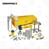 Enerpac BHP2751G 24-Ton Master Puller Set | E-Shop Bearings Specialist Enerpac hydraulic tool kit with a yellow toolbox and assorted hydraulic tools, gauges, and accessories spread on a white background.