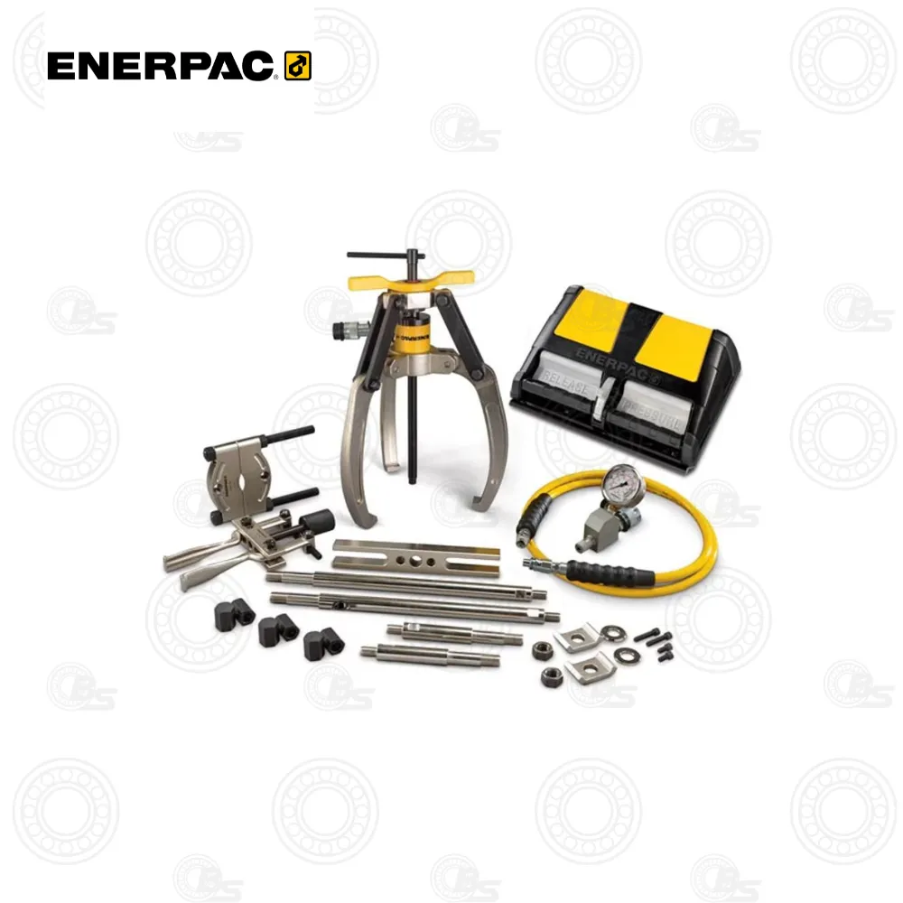 Enerpac LGHMS310A Air-Driven Master Puller Sets | E-Shop Bearings Specialist Enerpac bearing press and accessory kit with hydraulic tool, pullers, dies, spacers, and a yellow/black storage case.