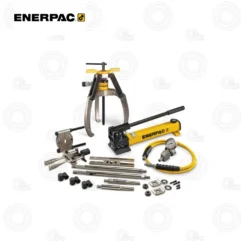 Enerpac hydraulic pump and puller kit with yellow body, handles, and assorted attachments and gauges.