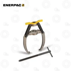 Enerpac bearing puller with yellow crossbar, two curved steel arms, a central hub, long forcing screw, and T-handle.