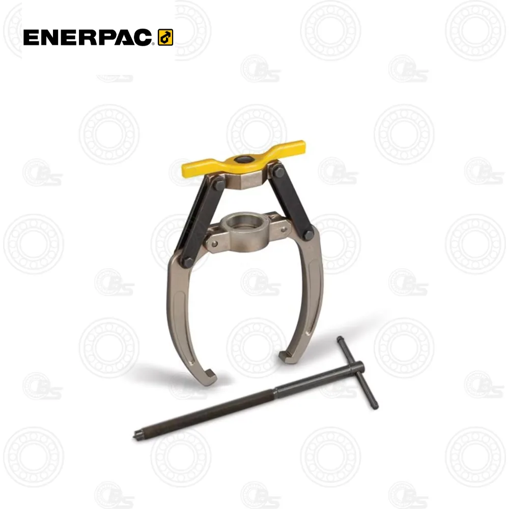 Enerpac LGHNC253 53-Ton Hydraulic Lock Grip Pullers without Cylinder | E-Shop Bearings Specialist Enerpac bearing puller with yellow crossbar, two curved steel arms, a central hub, long forcing screw, and T-handle.